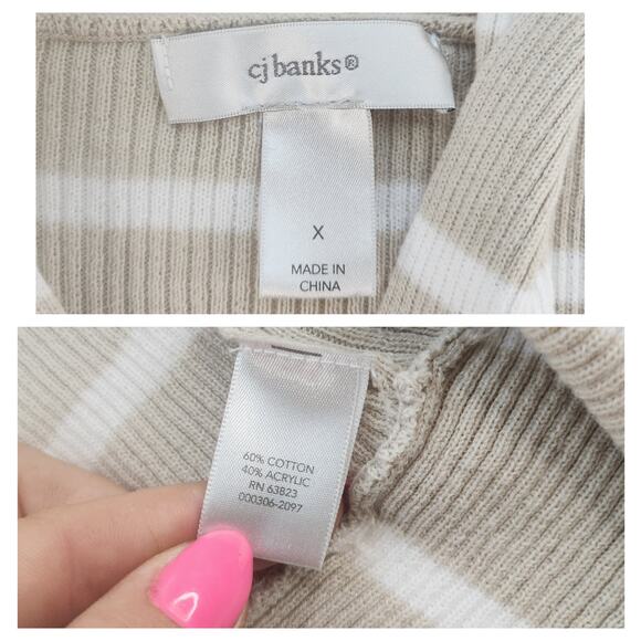 Tan Striped Cardigan Womens 1X High Low Knit Ribbed White Beige Boho Bohemian - Picture 11 of 13